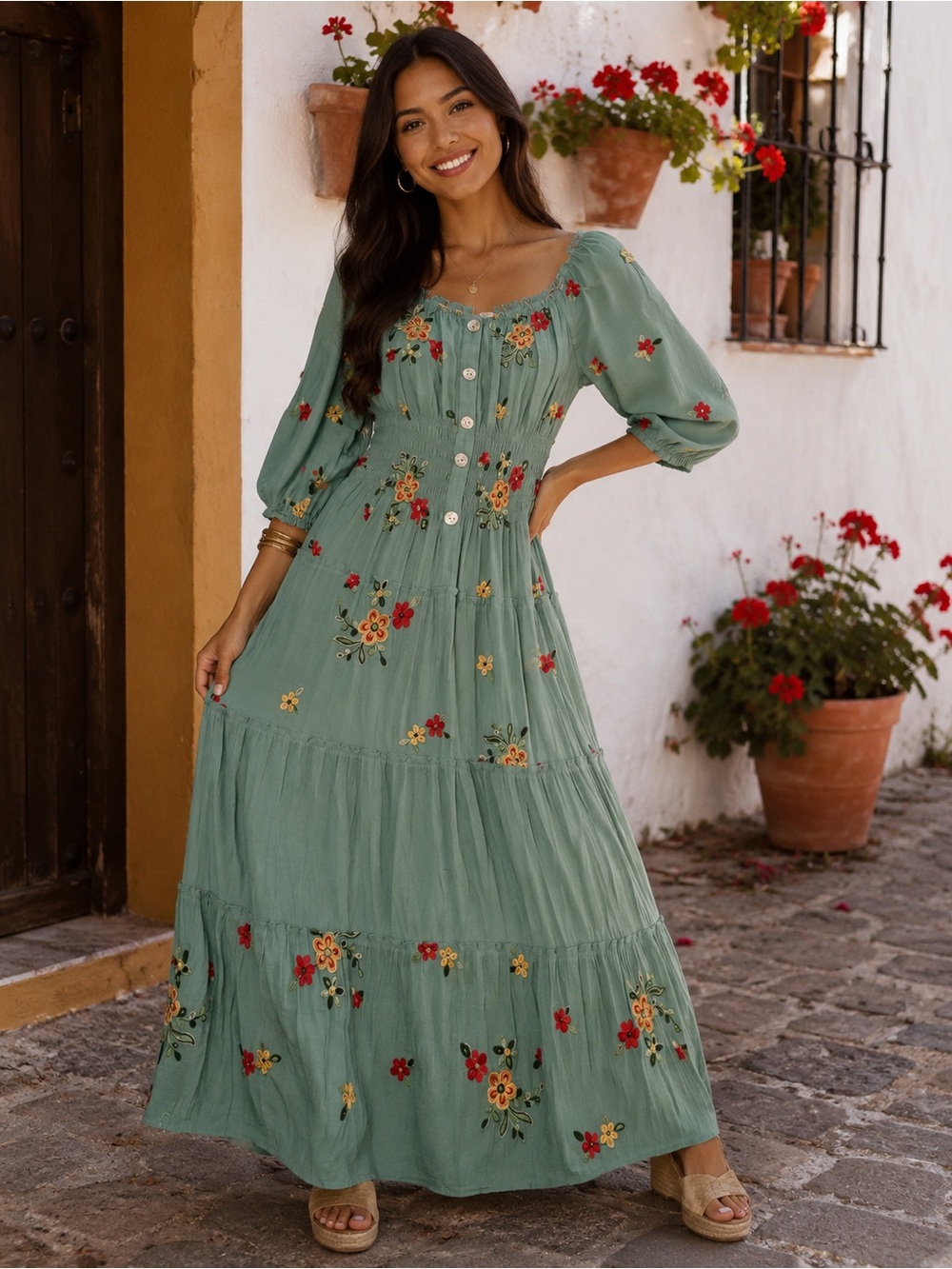fig and flower Mint Green Floral Embroidered Button-Front Maxi Dress Size PXL